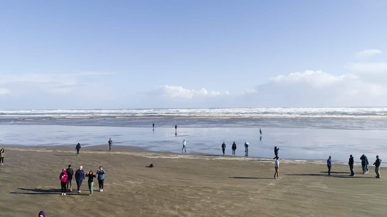 부서지는 파도를 보기 위해 투어 버스에서 내리는 관광객들로 가득한 뉴질랜드 해변 위의 공중 트럭 팬