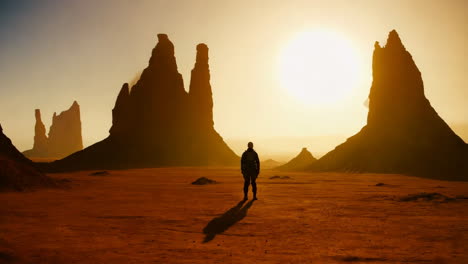 a lone figure stands in a vast, alien desert landscape with towering rock formations under a bright sun