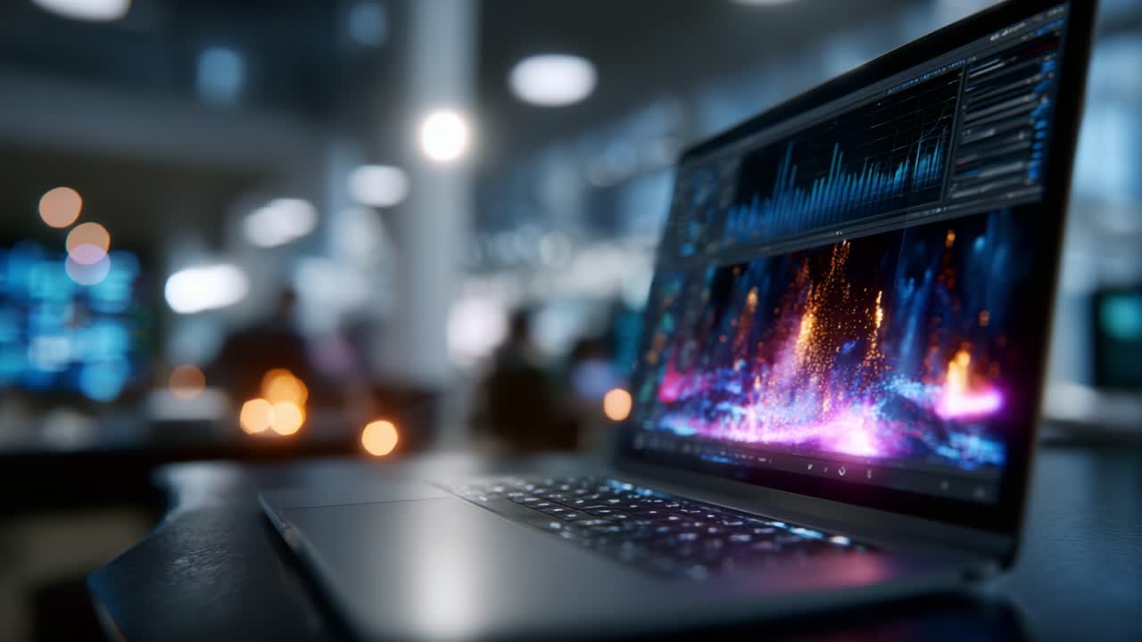 A close-up view of a sleek laptop showcasing vibrant visual effects on the screen, set in a modern workspace with a blurred background, highlighting technology and creativity