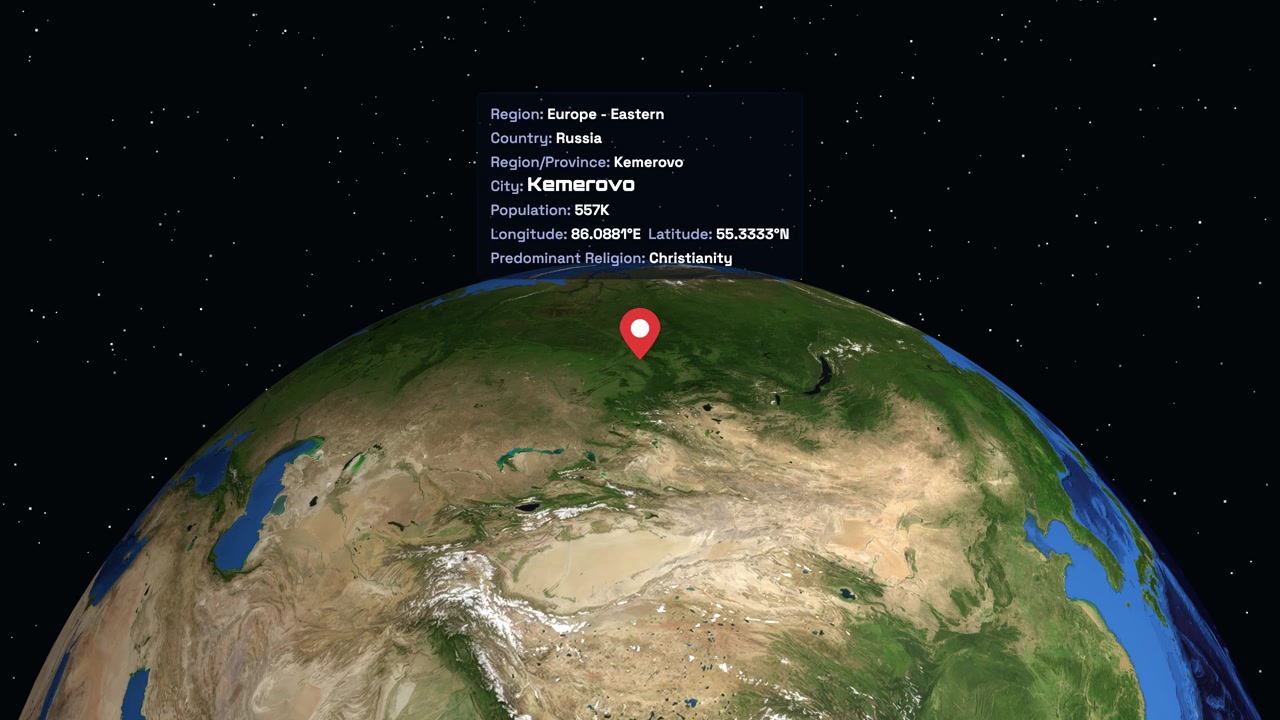 Digital animation zooms from space into Kemerovo Russia with a red pin and data