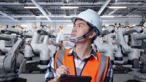 engineer inspecting robotic arms in a factory