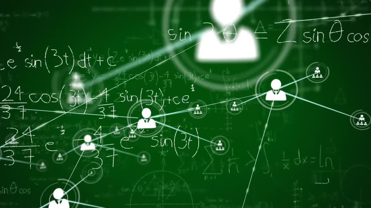 수학 방정식 위에 아이콘으로 연결된 네트워크의 애니메이션