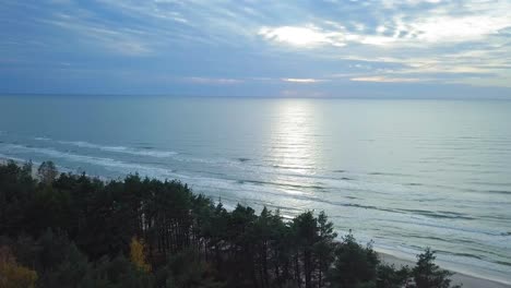 Beautiful-aerial-establishing-view-of-Baltic-sea-coast-on-a-sunny-evening,-before-the-sunset,-golden-hour,-beach-with-white-sand,-coastal-erosion,-climate-changes,-wide-angle-drone-shot-moving-forward