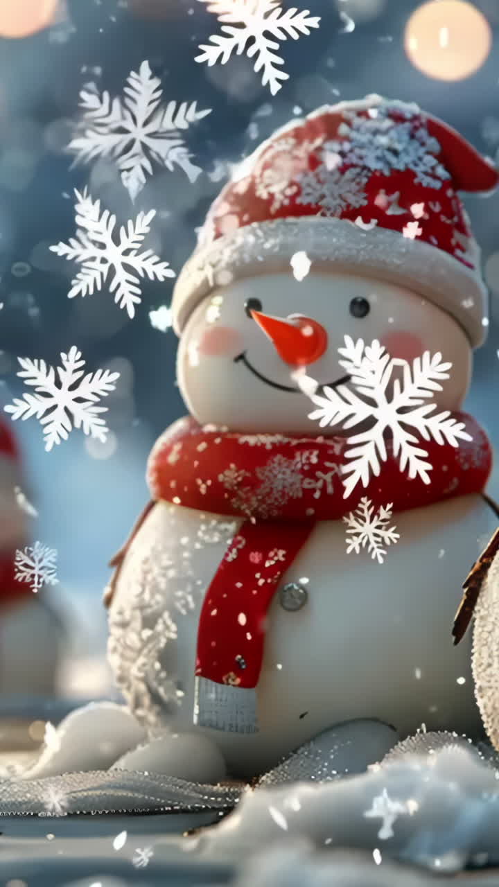 Two snowmen with red scarves and hats are smiling in the snow. The scene is festive and cheerful, with the snowmen adding a touch of holiday spirit to the winter landscape