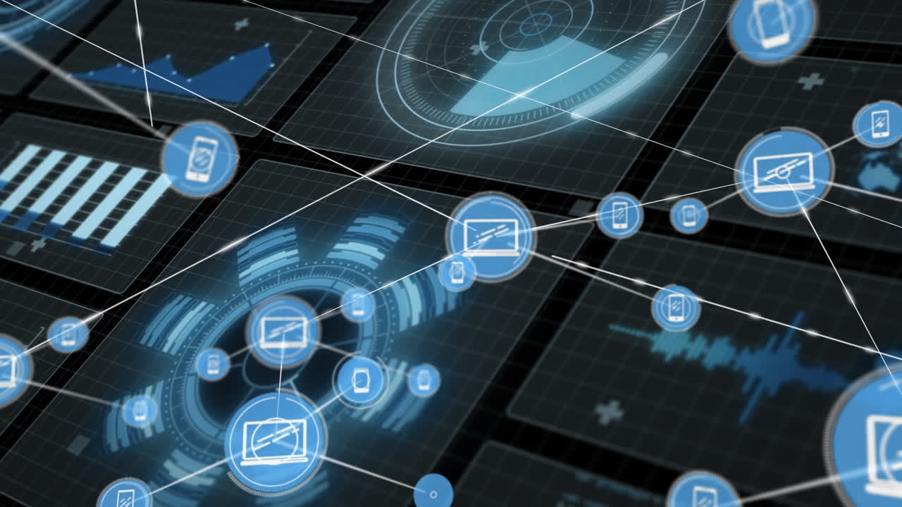 Animation of network of connections with icons over data processing