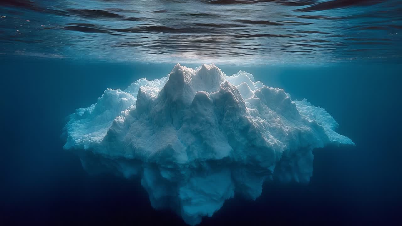 Captivating Iceberg Displaying Natural Majesty Beneath Ocean Surface with Ethereal Light Reflection Creating a Serene Underwater Scene