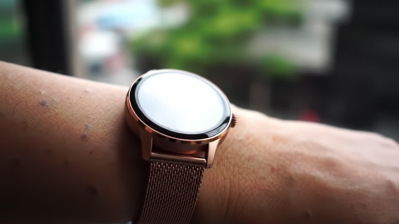 A Close-Up View of a Stylish Smartwatch on a Wrist, Showcasing Its Sophisticated Design and Sleek Metal Band Against a Blurred Outdoor Background
