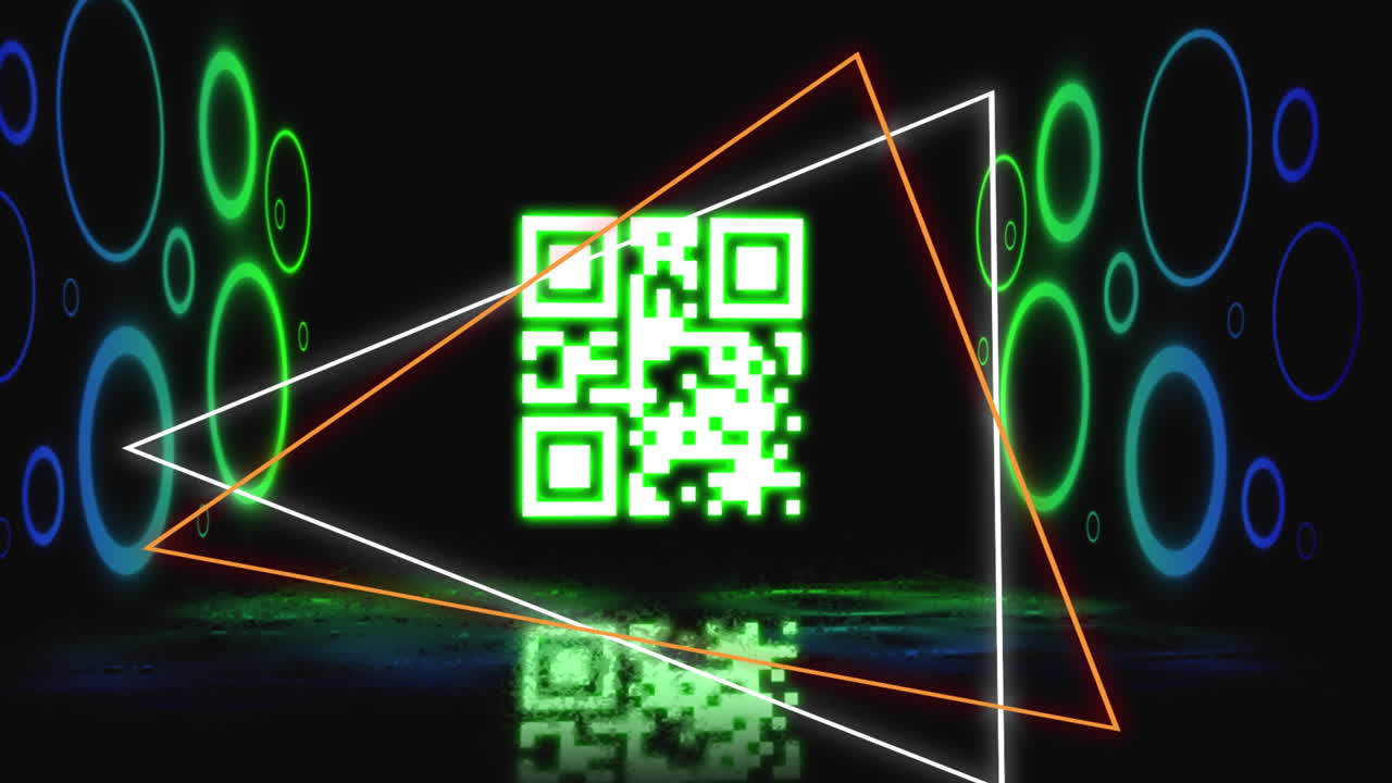 Animation of glowing qr code over neon geometric shapes