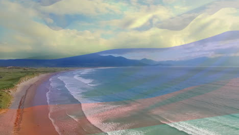 composición digital de la bandera de rusia ondeando contra la vista aérea de las olas en el mar