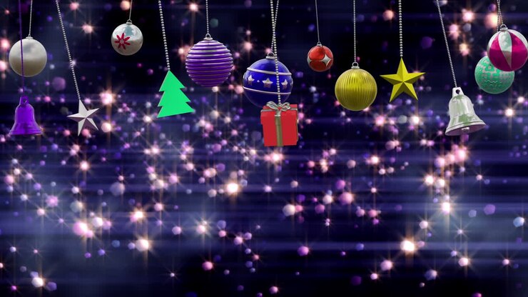 Animation of christmas baubles decorations with flickering spots on black background