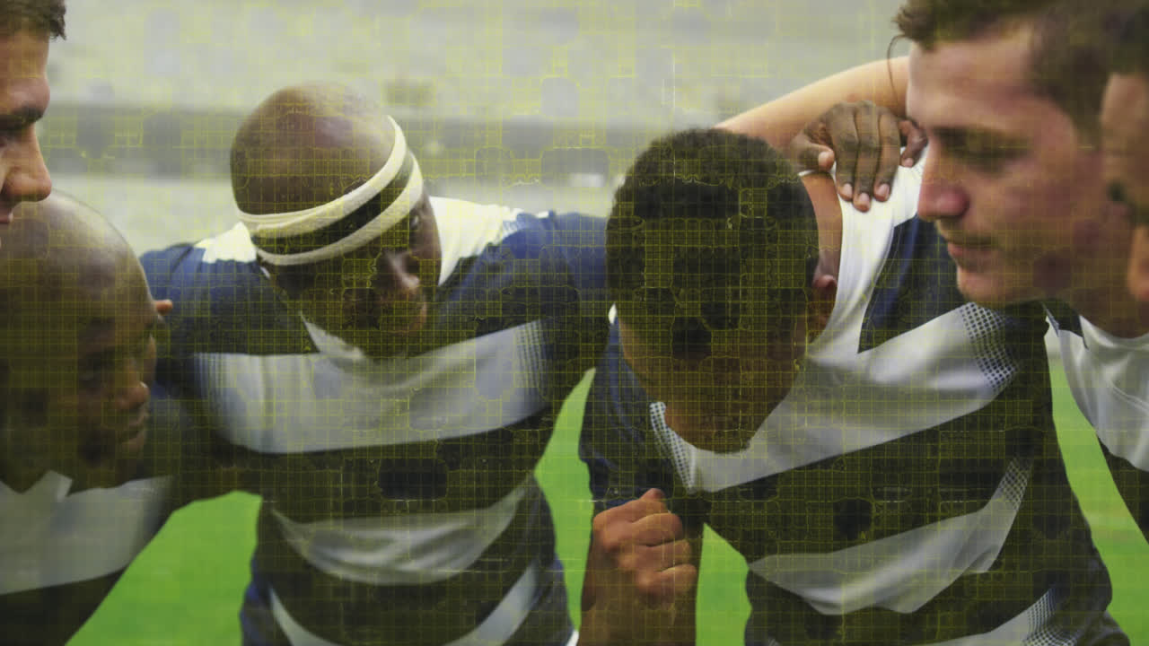 animação de quadrados coloridos sobre jogadores de rugby masculinos no estádio