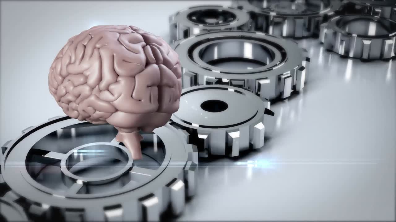 animación del cerebro girando sobre los engranajes sobre un fondo gris