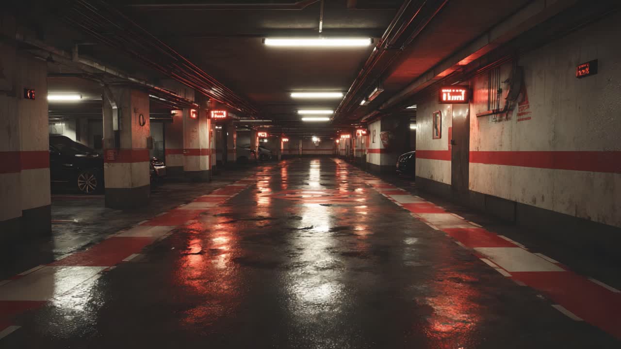 Vista suggestiva di un parcheggio sotterraneo scarsamente illuminato, con pavimenti scintillanti e segnali murali luminosi che riflettono un ambiente urbano austero