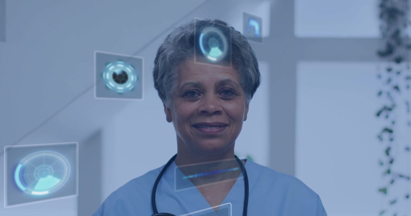 Animazione di elaborazione dati su una dottoressa sorridente