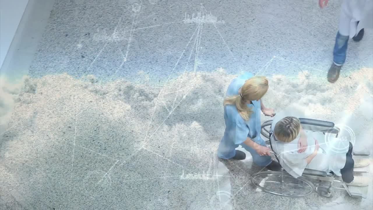 Animation of clouds over caucasian nurse with patient in wheelchair