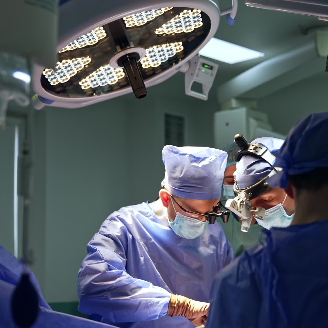 Team of two neurosurgeon working hard at neurosurgery. Male doctors are focused on the procedure