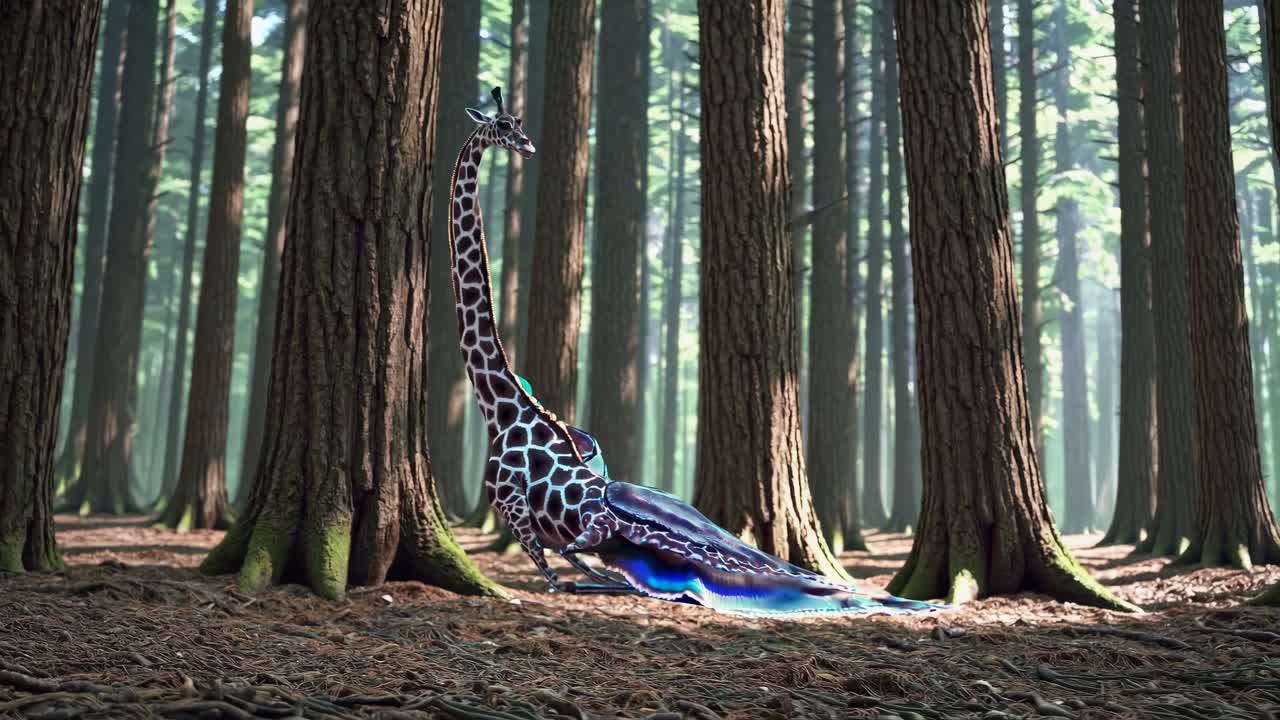 Giraffe with iridescent wings in a mystical forest