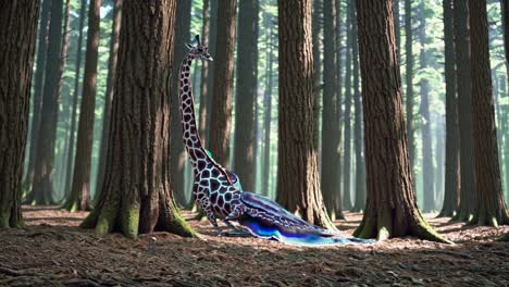 giraffe with iridescent wings in a mystical forest