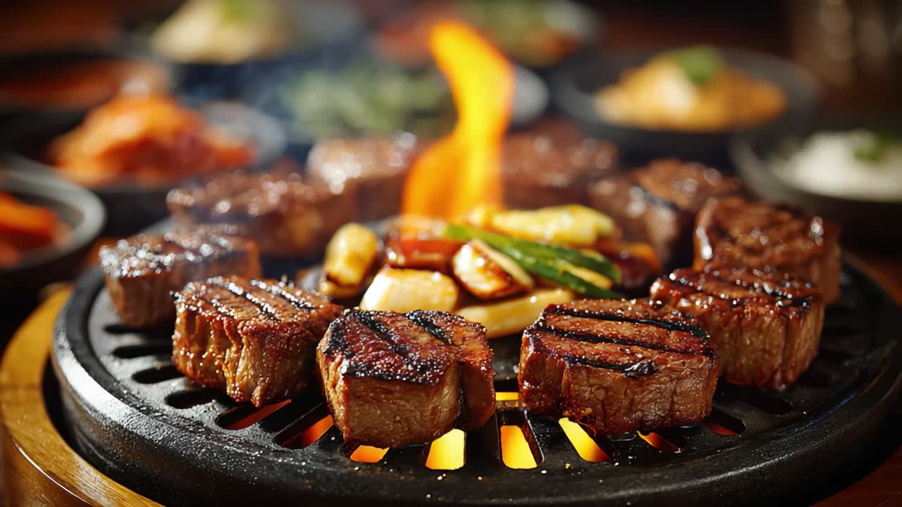 Sate daging sapi gourmet mendesis di atas panggangan: Sebuah hidangan yang tak tertahankan dengan kobaran api dan daging empuk berair dalam pengalaman bersantap yang nyaman.