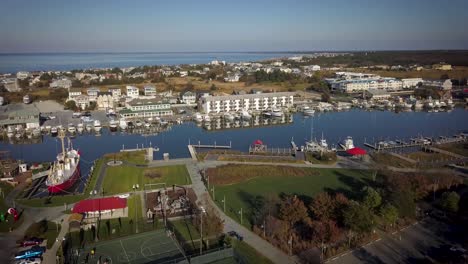 Lewes-Delaware-drone-flyover-descending-autumn-harbor