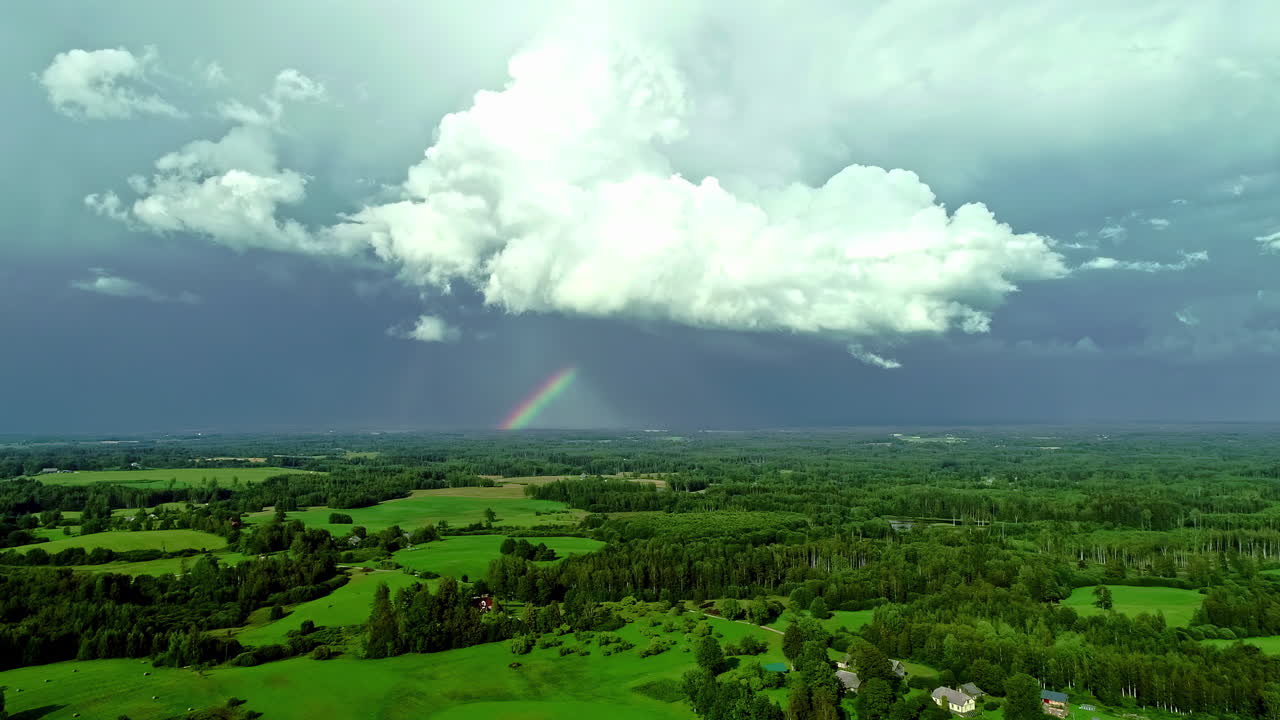 paisaje verde y matorral denso contra el cielo escénico con arco iris colorido