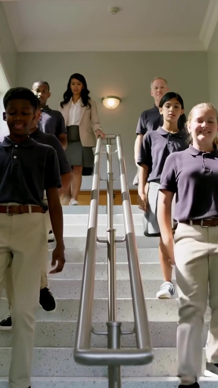 Vertical video: Walking kids in navy polos, descending school stairs with rail, teacher in blazer