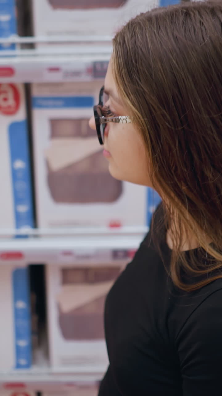primer plano de una mujer joven caminando por un estante de la tienda lleno de productos de cama, mira a su alrededor, observando diseños de telas y opciones de textiles. decoración del hogar, ropa de cama y artículos esenciales para el dormitorio