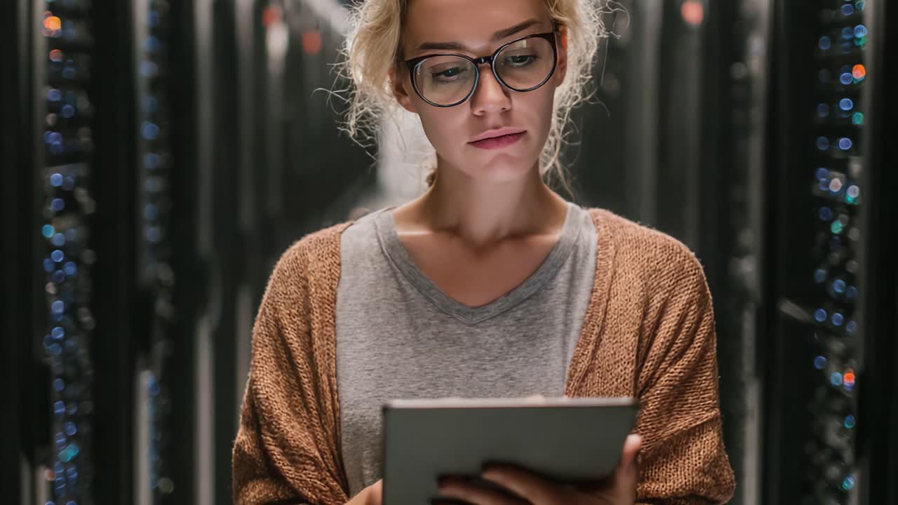 Focused Professional Analyzing Data in a High-Tech Server Room While Using a Digital Tablet to Monitor Information and Maintain Systems Efficiency