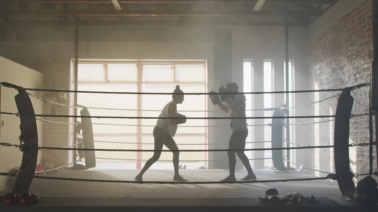 Due pugili che si allenano in una palestra di pugilato, jab che creano sovrapposizioni di cuori, Mi piace e conteggi che si raggruppano sul ring