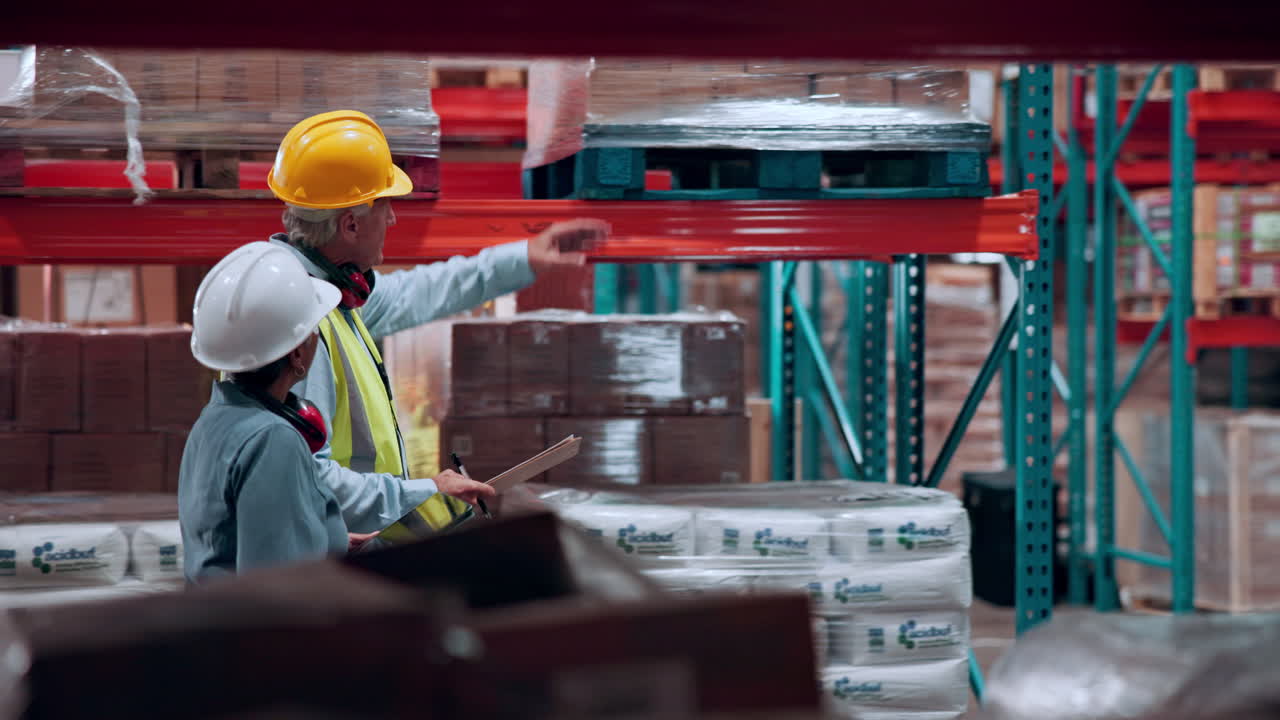 Warehouse Workers Inspecting Inventory on Shelves in Distribution Center