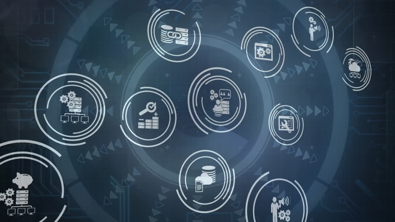 animación de iconos comerciales sobre escaneo de alcance y procesamiento de datos en fondo negro