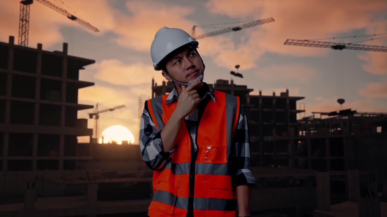 Asian Male Engineer With Safety Helmet Thinking About Something And Looking Around While Standing At Building & Construction Site in Progress to New House
