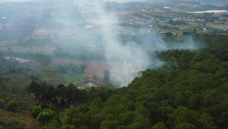 Aerial,-forest-burning-in-rural-farmland-causing-white-smoke