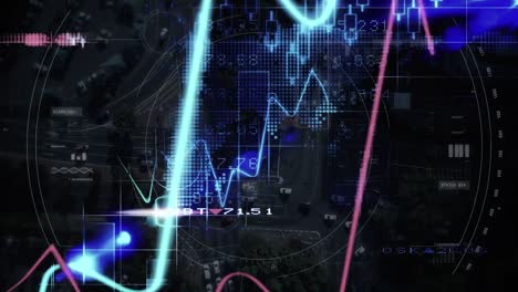 animación del procesamiento de datos financieros sobre el escaneo de alcance y el paisaje urbano