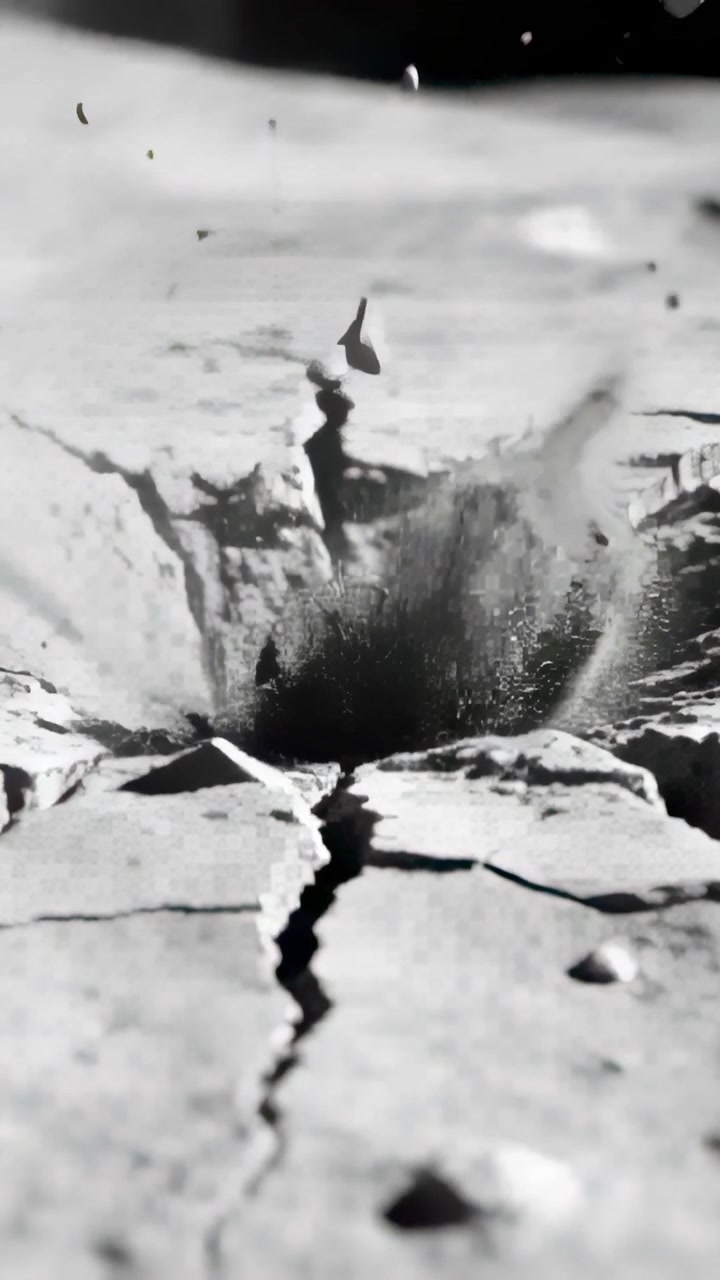 Vertical video: Bursting chasm ejecting rocks and dust across cracked slab, revealing pebbles