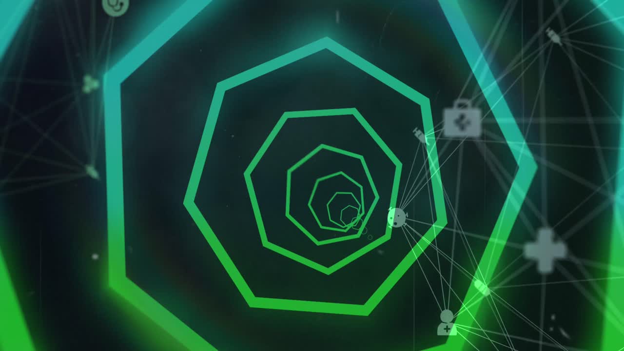 검은색 배경에 있는 의료 아이콘과 모양의 애니메이션