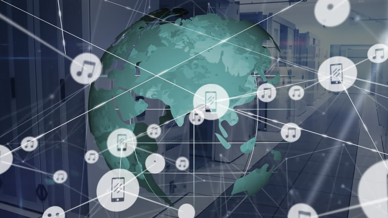 서버  ⁇  위에 아이콘과 글로브로 연결된 네트워크의 애니메이션