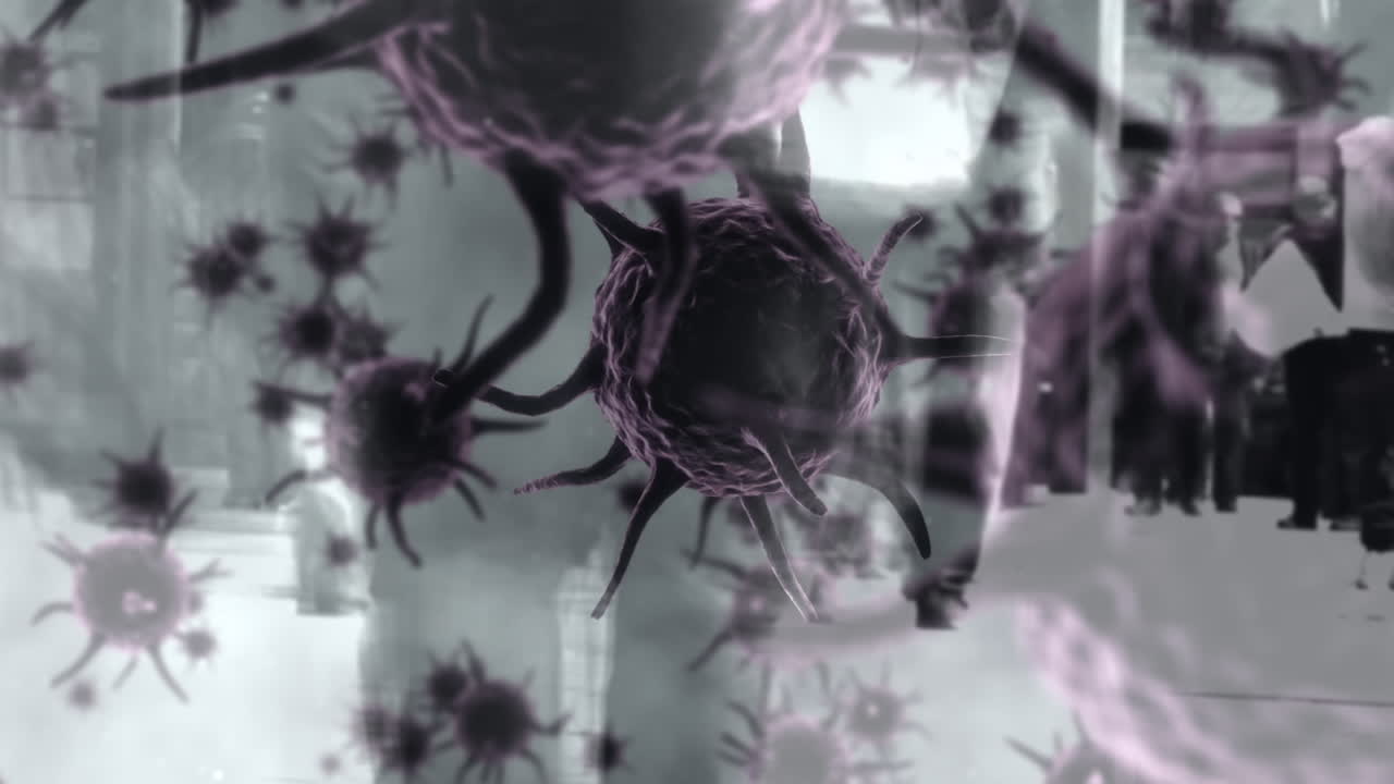 animación de células de virus sobre personas que caminan