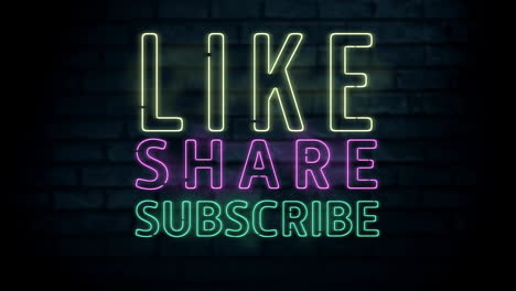 animación de palabras de estilo neón como compartir y suscribirse parpadeando sobre un fondo negro oscuro