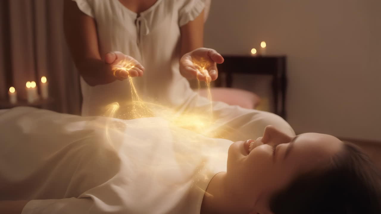 Woman receiving energy healing session with golden light