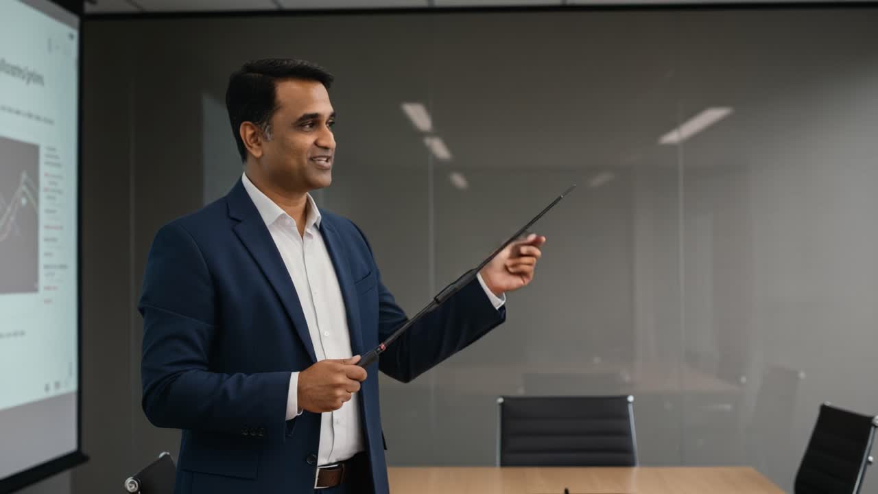 Professional Presenter Engages Audience with Visual Aids and Clear Communication Skills in Modern Conference Room Setup