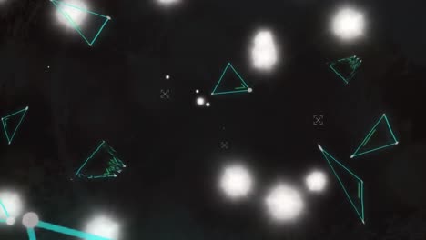 animación de una red brillante de triángulos verdes y luces sobre un fondo negro