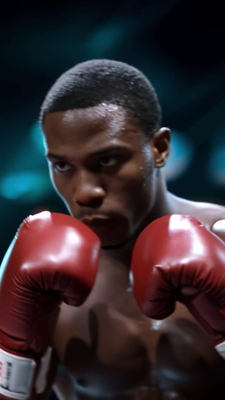 Espressioni intense di un pugile in allenamento, che catturano determinazione e abilità durante una sessione di allenamento ad alta energia sul ring sotto effetti di luce drammatici