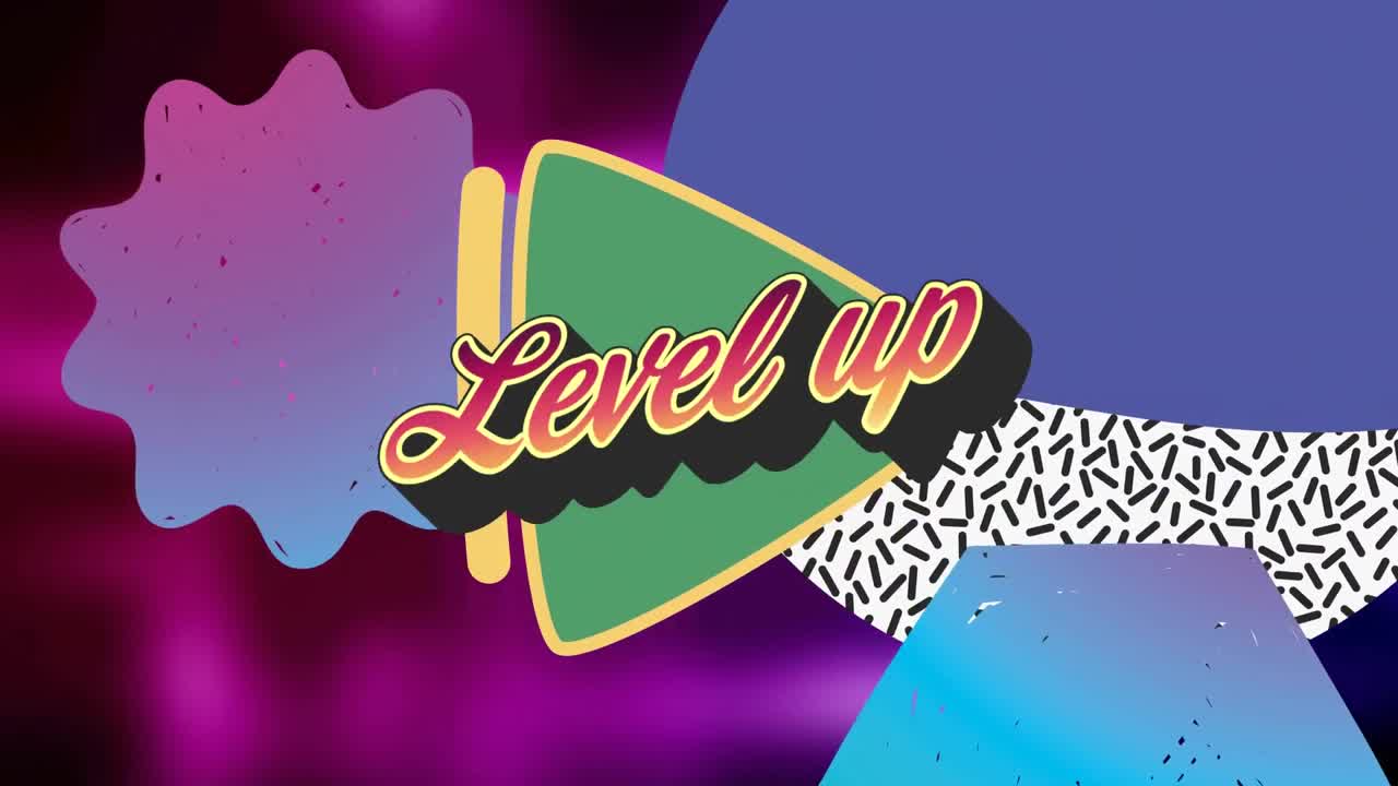 다채로운 그래픽과 모양 위에 레벨 업 텍스트의 애니메이션