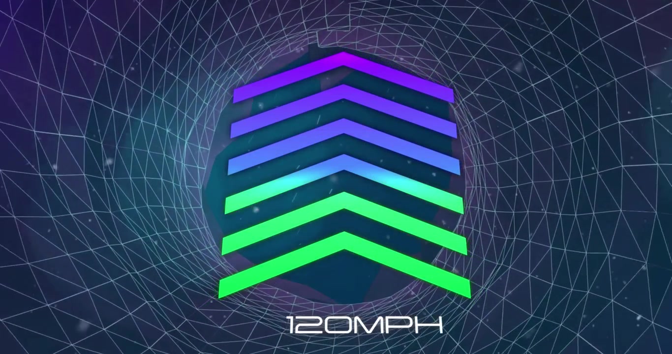 Animation of illuminated arrows, number changing with mph text and grid patterned tunnel