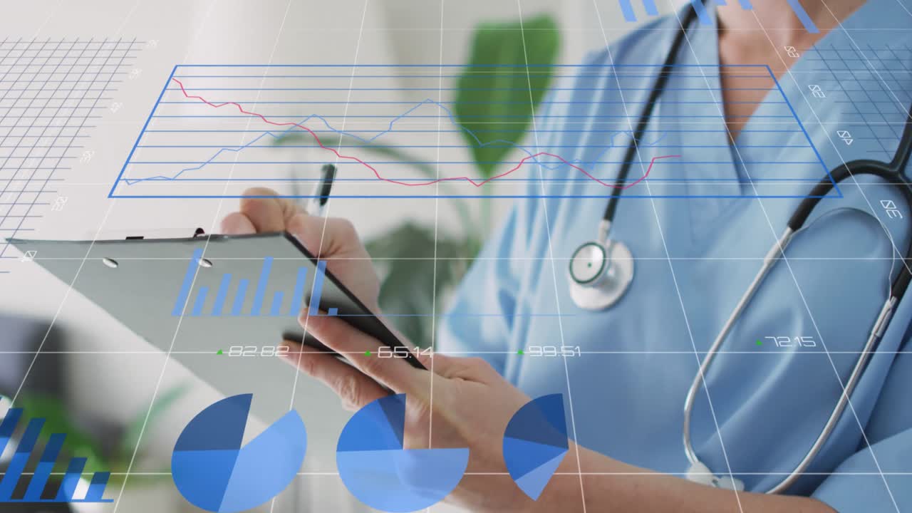 animación de diagramas sobre una doctora caucásica con un portapapeles