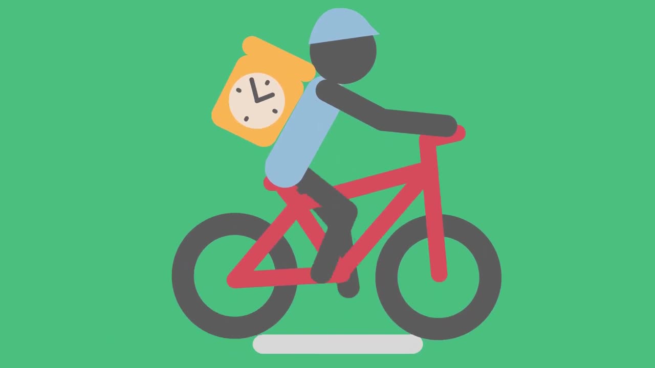 Digital animation of man carrying a delivery package box with ticking clock riding a bicycle against