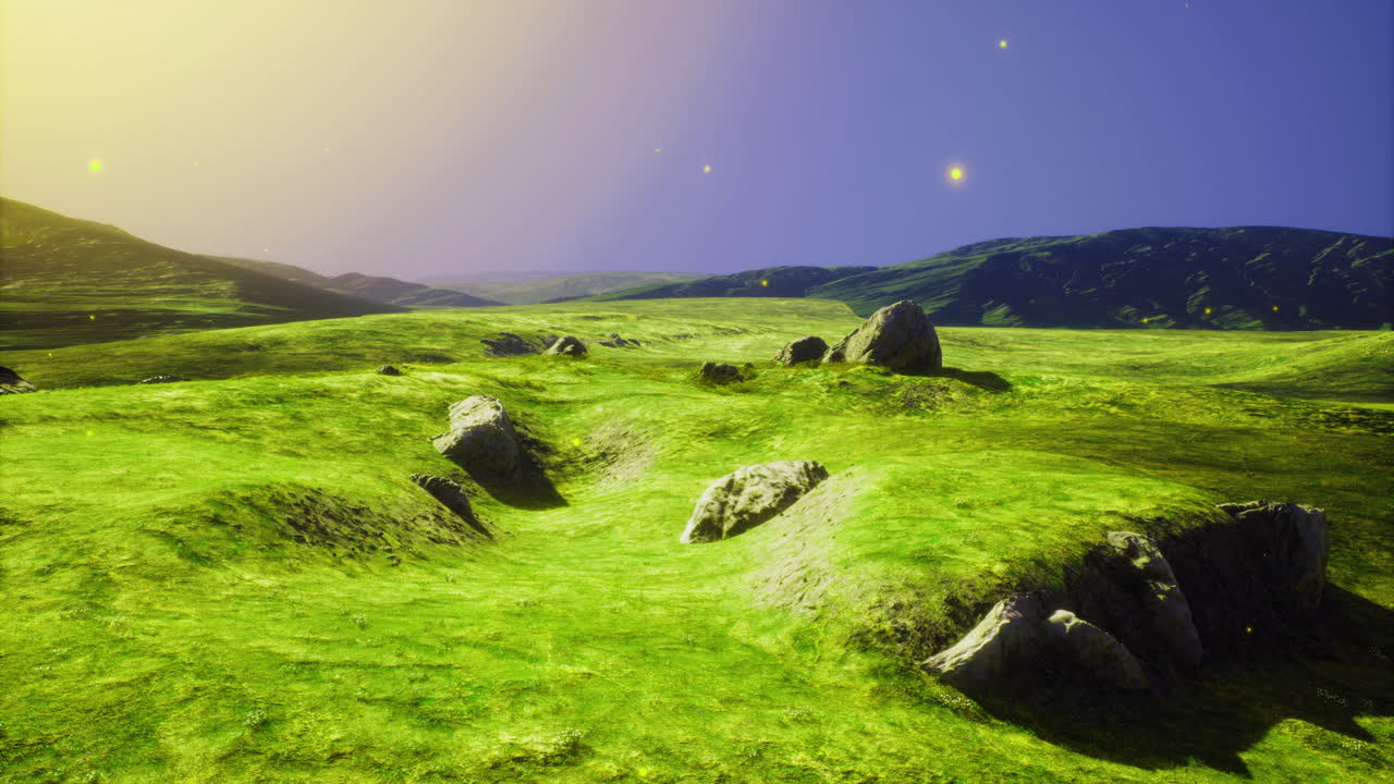 Vibrant green landscape under a twilight sky with glowing elements