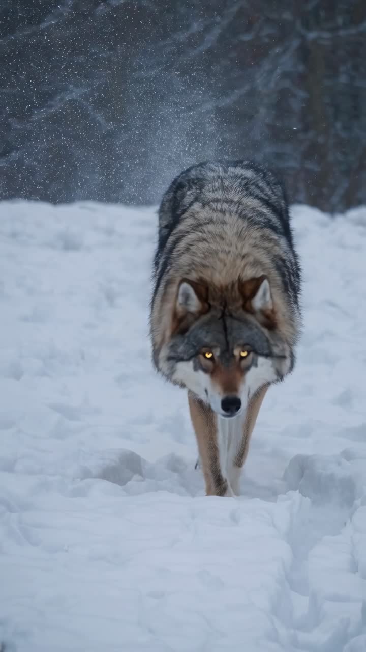 A wolf walks through snowy terrain, captured from a low-angle, evoking a cinematic video style