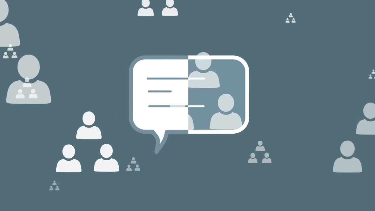 animación de burbuja de habla sobre iconos en fondo gris.